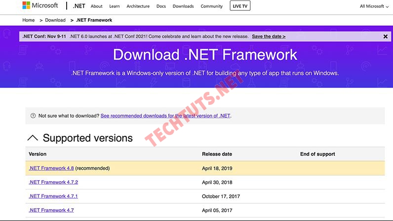 Truy cập vào trang web để tải .NET Framework